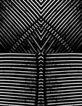Black-and-white abstract photograph showing a symmetrical pattern of diagonal and horizontal metal slats, creating an optical illusion through repeating lines and mirrored geometry.
