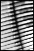 Abstract black-and-white photograph of parallel metal rods from a machine, rendered out of focus to create a rhythmic pattern of light, shadow, and repetition.
